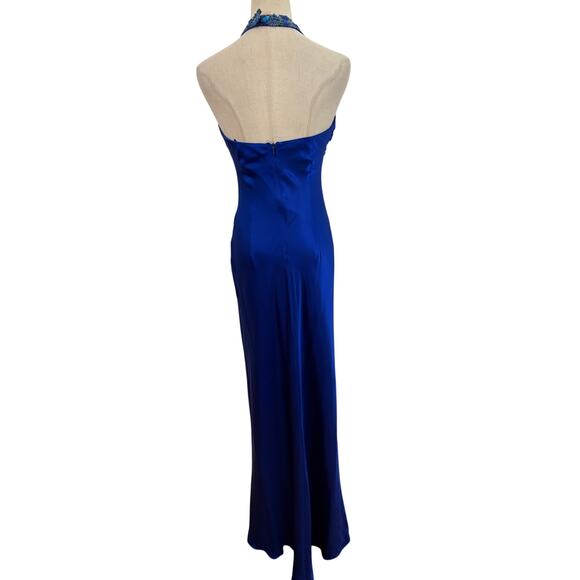 Y2K cache royal blue silk dress turquoise beaded halter gown sz 2 prom boho - Picture 6 of 13